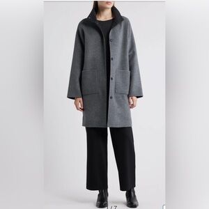Eileen Fisher high collar reversible Minimalist Gray navy blue Wool Coat NWT